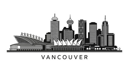 Obraz premium Vancouver Cityscape Skyline Silhouette - Black and White Illustration