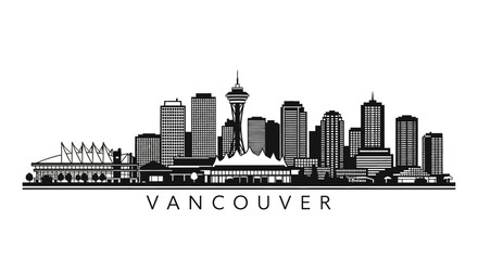 Fototapeta premium Vancouver Cityscape Skyline Silhouette: Architectural Landmarks, Black and White Vector