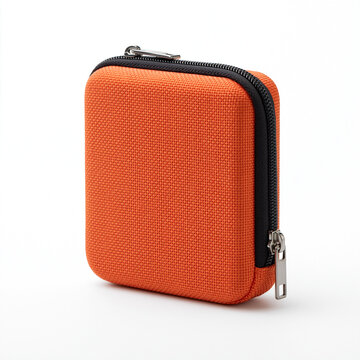 A small orange zippered storage case sits on a plain white background