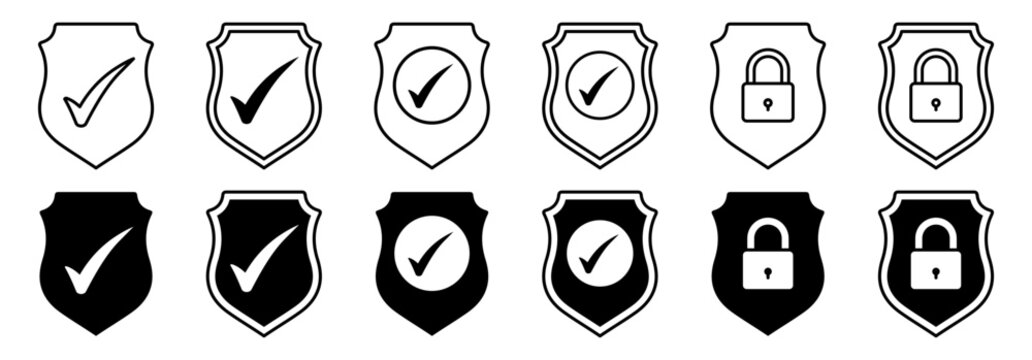 Security Shield Icon Set. Shield Check Mark Symbols. Protection And Padlock Logotypes. Vector Illustration.