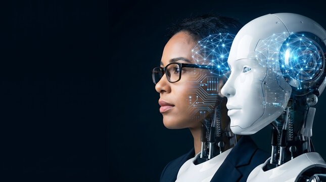 Human and artificial intelligence concept showing female and cyborg face silhouette, Machine learning and future technology concept with neural network over a woman and robot.