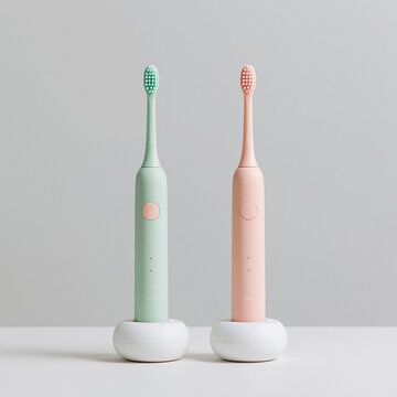 Two modern electric toothbrushes in pastel colors stand upright on white charging bases against a plain studio background
