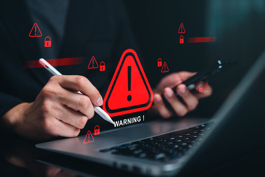 Cybersecurity warning and data breach risk concept with security alert notification, cyber threat detection, malware protection, network security, vulnerability monitoring and cyber attack prevention.