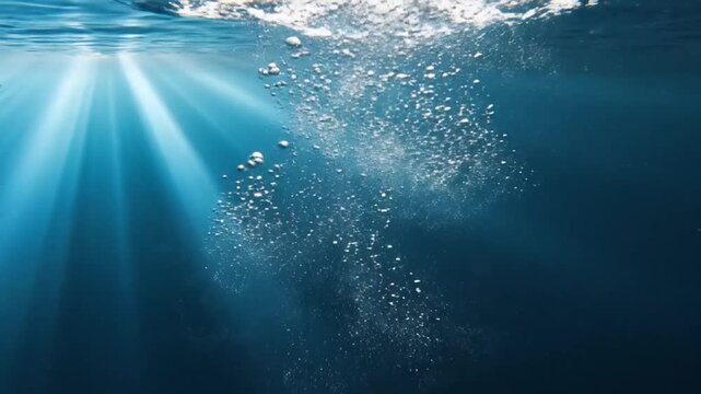Underwater view of numerous small and large air bubbles rising towards the surface in deep blue water, with bright sun rays piercing through the water from the upper left creating a luminous effect