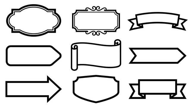 collection of nine vector outlines for labels, banners, and shapes, including ribbons, scrolls, arrows, and frames on a white background