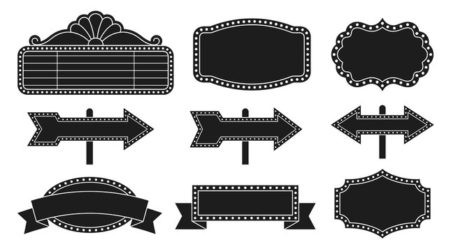 Collection of nine retro sign and banner shapes with dotted borders, arrow shapes, and ornate frames on a white background, vector elements for