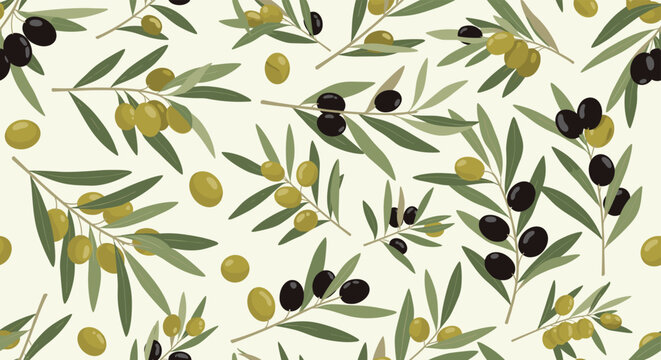 Seamless background pattern of green and black olives on leafy branches over a light cream colored surface for fabric or wallpaper.