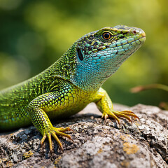 Fototapeta premium Green lizard resting on textured rock in natural habitat