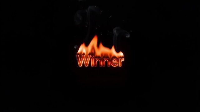 Winner text burning with intense orange flames rising against a dark black background in this high quality motion video footage animation showing a powerful glowing typography effect designed for comp