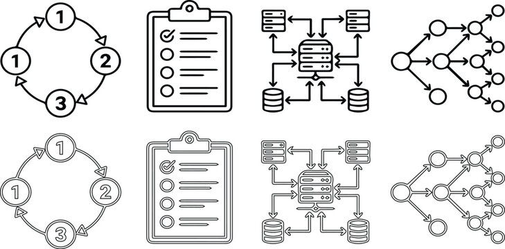 Business Process Workflow Icon Set. Cycle Diagram Checklist Clipboard Database Network Architecture and Decision Tree Hierarchy Line Art Vector Symbols