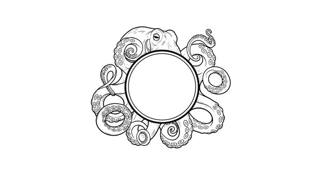Creative circular frame design surrounded by detailed black and white octopus tentacles and suckers for marine themed projects.