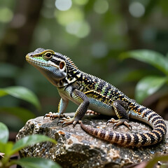 Fototapeta premium Green lizard resting on moss-covered rock in forest environment