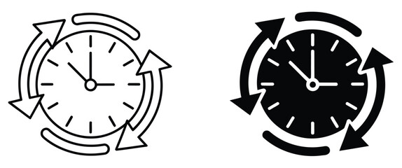 Fototapeta premium Clock icon with circular arrow cycle symbol representing time reset, recurring events, refresh schedules, and automated timing systems for UI and application design, vector, designs