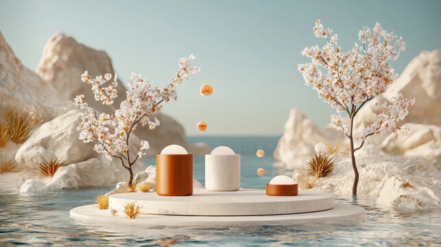 A serene digital art piece featuring a white platform with three objects and a backdrop of a tranquil body of water and a light blue sky.