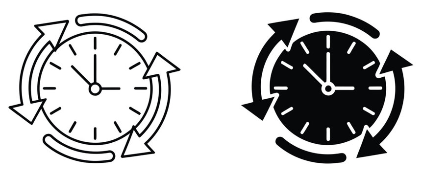 Clock icon with circular arrow cycle symbol representing time reset, recurring events, refresh schedules, and automated timing systems for UI and application design, vector, designs