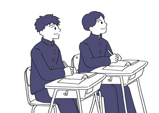 中高校受験や塾の授業で切磋琢磨する男子中学生二人のイラスト（2色・シンプル）