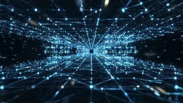 A futuristic abstract digital tunnel of interconnected blue nodes and lines receding into a bright central light creating a sense of speed and advanced technological pathways through a dark void