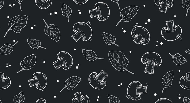 Stylish chalkboard style seamless pattern with white drawings of mushrooms and spinach leaves on a dark grey background.