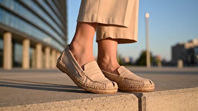 Woman wearing beige canvas loafers and cropped trousers standing on a stone step in an urban setting at sunset
