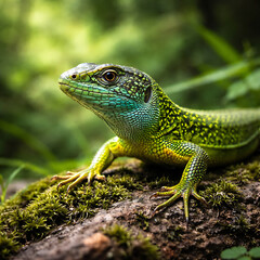 Fototapeta premium Green lizard resting on moss-covered rock in forest environment
