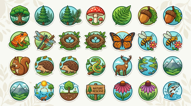 A vibrant illustration of various natural elements, including trees, mushrooms, leaves, insects, animals, and flowers, arranged in rows on a neutral background.