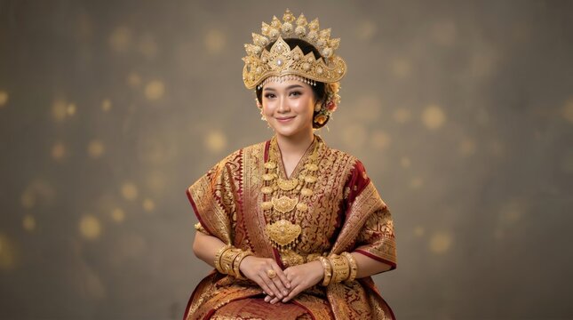 Radiant Young Palembang Woman in Gold Songket Ceremonial Dress and