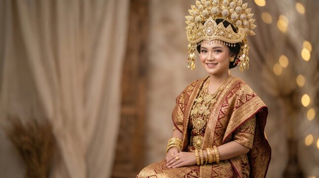 Close Up Palembang Songket Gold Fabric and Traditional Crown Detail