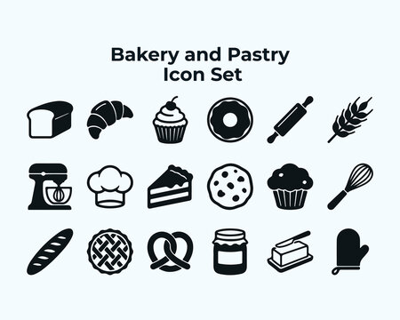 Bakery and pastry icon set featuring bread croissant cupcake donut rolling pin wheat chef hat pie slice cookie muffin whisk baguette tart pretzel jar butter mitt.