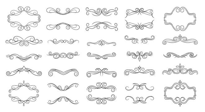 Collection of various decorative dividers and ornamental scroll elements in hand drawn sketch style for page corner decoration.
