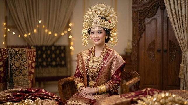 Full Body Portrait Palembang Bride Traditional Gold Songket