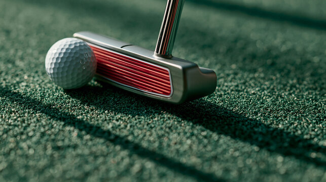 A close-up photograph focusing on the red and silver head of a golf putter positioned on synthetic putting green turf next to a white dimpled golf ball.