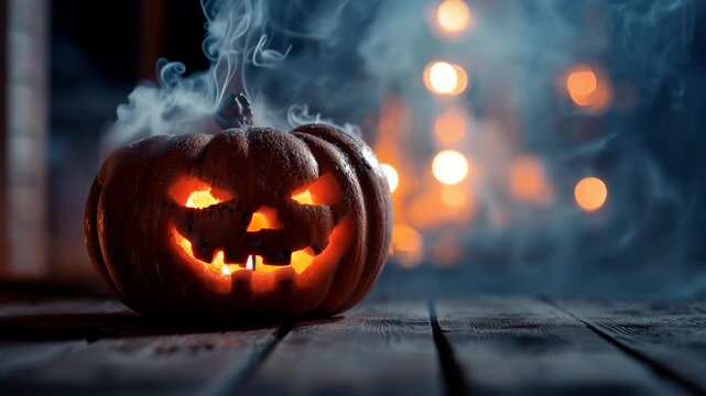 Glowing jackolantern with a sinister grin sitting on wooden surface, surrounded by soft smoke and light in the background during Halloween night
