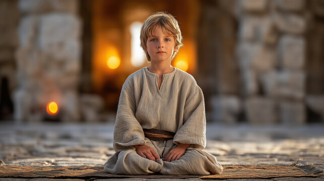 Young Samuel sitting inside stone temple interior at dawn with soft light and sacred quiet atmosphere