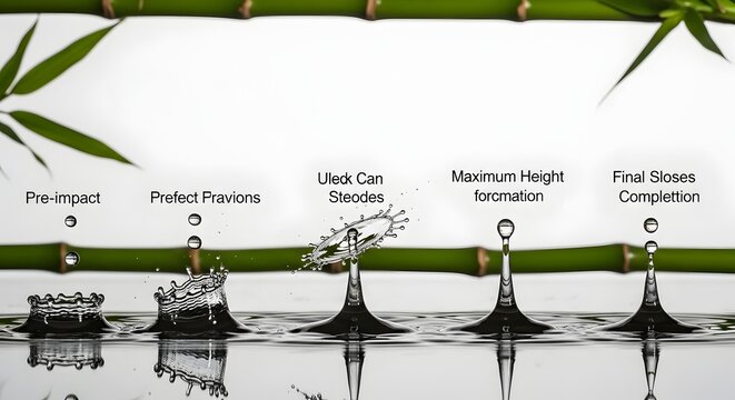 Highspeed photography of a water drop impact sequence showing the formation of a crown and a central rebound column