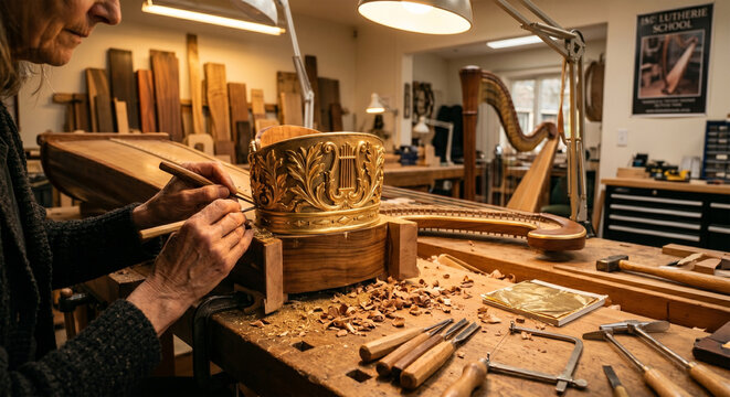 A detailed shot of a harp being crafted by a luthier in a workshop, focusing on the intricate carvings on the crown. Wood shavings and tools are visible on the workbench in the foreground. 