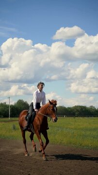 A woman riding a brown horse at the racetrack