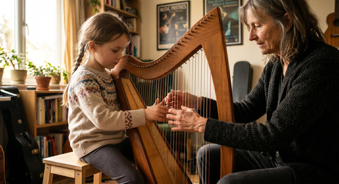 A candid, photojournalism-style image of a child, seated on a small stool, receiving a harp lesson in a cozy home environment. 