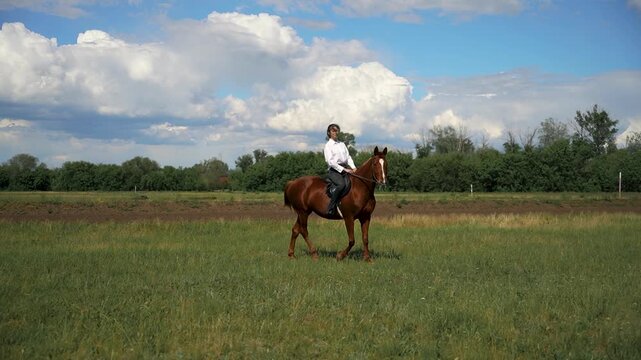 Woman riding a brown horse in a grassy field.