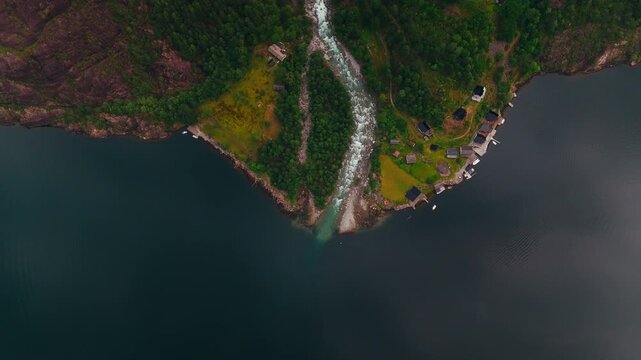 Aerial Drone Footage of Langfossen Waterfall, Norway