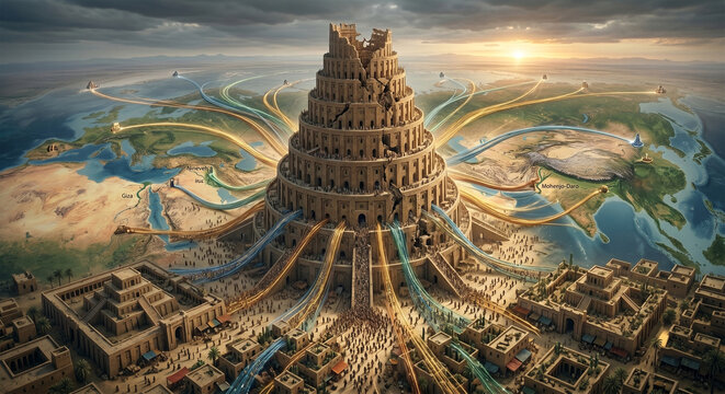 A wide-angle, conceptual illustration depicting the Tower of Babel and the scattering of nations. Thousands of people leave the tower, heading in all directions,