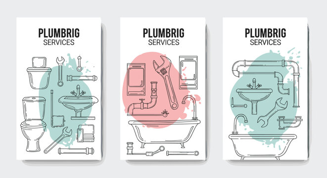 Set of three plumbing service banners featuring line art drawings of faucets sinks toilets and professional tools like wrenches.