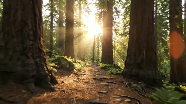Sunlight Streams Through Tall Redwood Trees onto a Moss-Covered Forest Floor with a Winding Dirt Path and Lush Ferns Creating an and Mystical Woodland Atmosphere