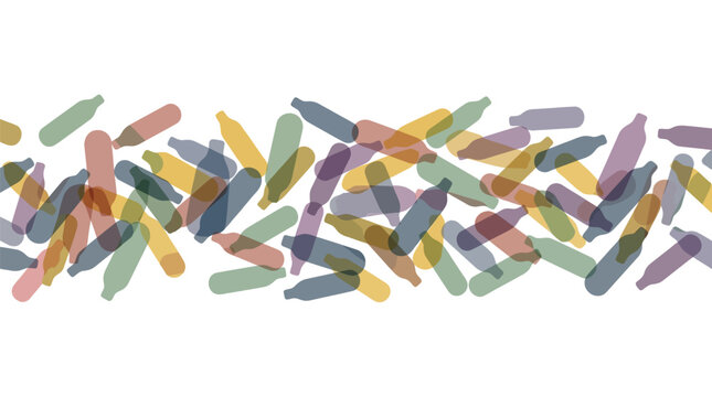 Colorful overlapping vector graphic illustration featuring scattered metal canisters arranged in a chaotic artistic pattern