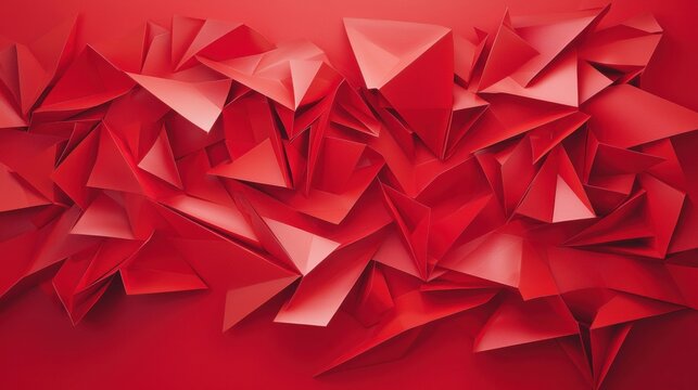A 3D rendering of a complex arrangement of red origami shapes.