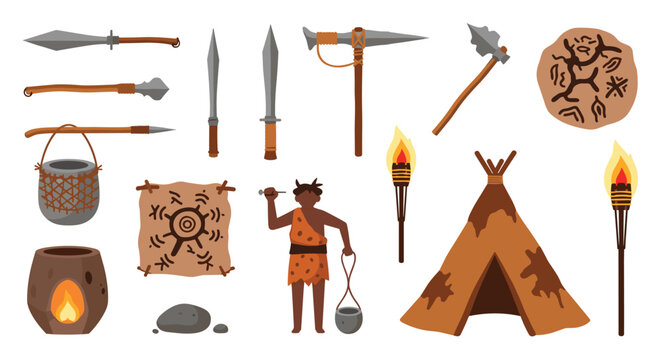 Educational collection of prehistoric caveman items includes primitive weapons, tools, a basic hut, fire, and early human art symbols.