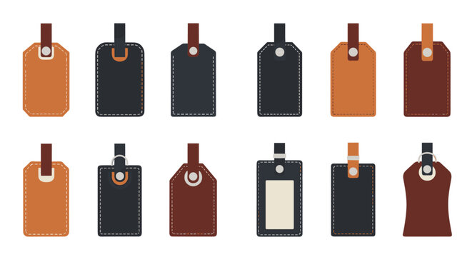 Set of twelve premium leather luggage tags in various brown and black shades provides elegant identification for travel bags and suitcases.