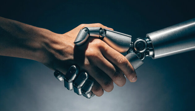Human and robot handshake symbolizing partnership in technology.