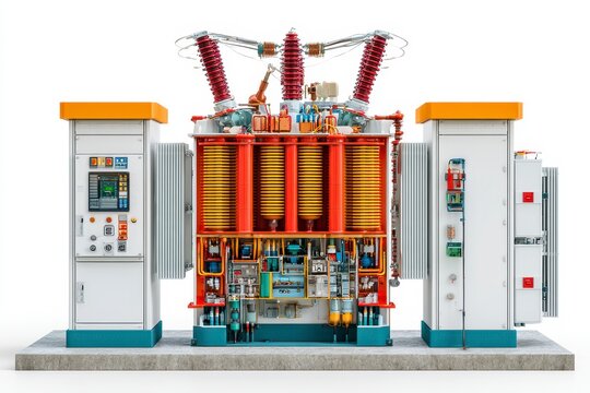 Electricity transformer substation internal structure, isolated on white, detailed industrial power equipment with control cabinet and electrical component