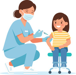 Obraz premium A smiling nurse wearing a mask and gloves administers a vaccine injection to a happy young girl sitting on a stool, depicted with a clean, flat design style