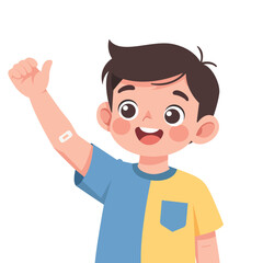 A happy young boy with a bandage on his arm gives a thumbs-up, conveying a positive and healthy feeling against a clean white background